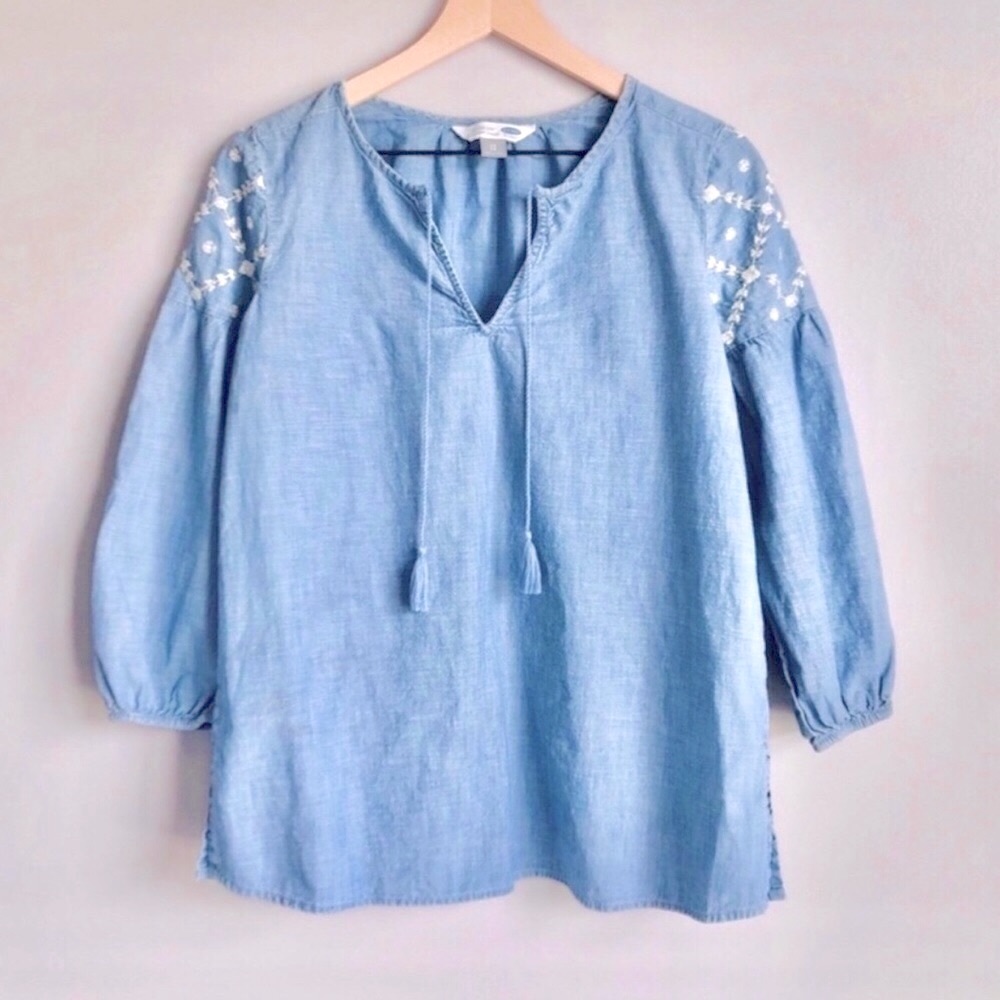 New Oversized Chambray Denim Blue Embroidered Old Navy Boho Tunic Top Blouse XS